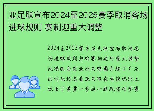 亚足联宣布2024至2025赛季取消客场进球规则 赛制迎重大调整 亚足联宣布2024至2025赛季取消客场进球规则 赛制迎重大调整